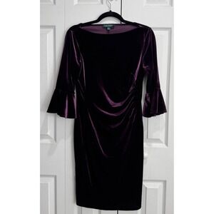 Lauren Ralph Lauren Ruched Mini Dress Women's 8 Purple Velvet Long Bell Sleeve